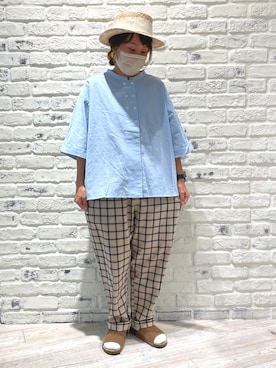「ダブルボタン」｜「アイテム（帽子）」を使った、あさいまりこさん（レディース・151cm）の夏コーディネート