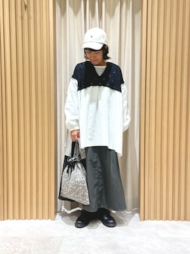 「巾着バッグ」｜「アイテム（チュニック）」を使った、あさいまりこさん（レディース・151cm）の秋コーディネート
