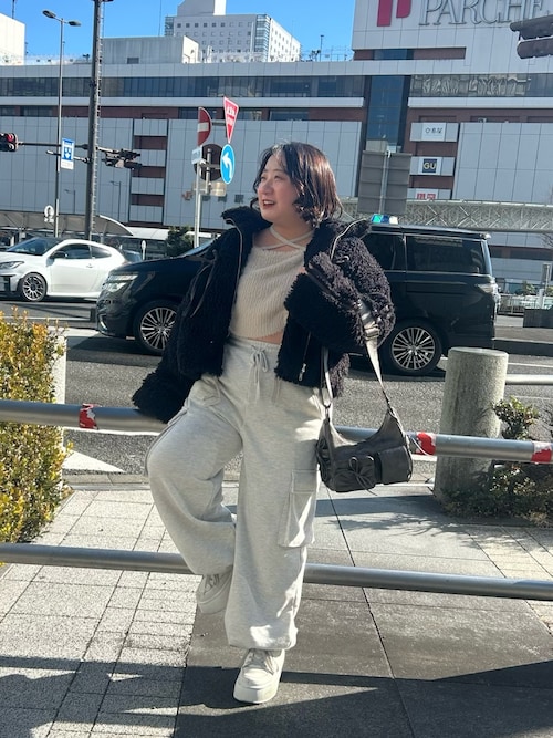 NICE CLAUP ボアリボンショートジャケット グレー