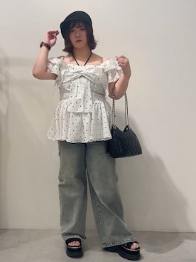 「one after another NICE CLAUP（ワンアフターアナザーナイスクラップ）のフロントリボンブラウス（シャツ/ブラウス、ホワイト系）」を使った、oshiiiige17さん（レディース・142cm）の夏コーディネート