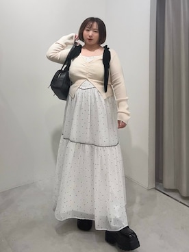 「one after another NICE CLAUP(ワンアフターアナザーナイスクラップ)のカーディガンセット配色リボンワンピース(ワンピース、ホワイト系)」を使った、oshiiiige17さん(レディース・142cm)の春コーディネート