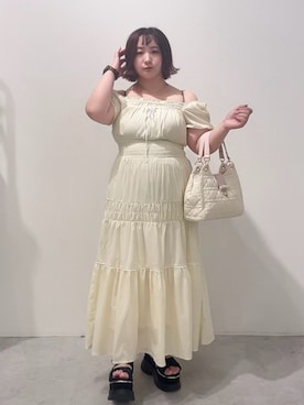 「one after another NICE CLAUP（ワンアフターアナザーナイスクラップ）のウエストシャーリングロングワンピース（ワンピース、イエロー系）」を使った、oshiiiige17さん（レディース・142cm）の夏コーディネート