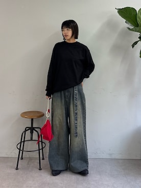 「CIAOPANIC TYPY（チャオパニックティピー）のアフリカンオーガニックコットンロンTee（Tシャツ/カットソー、ブラック系）」を使った、たけさきさん（レディース・160cm）の夏コーディネート