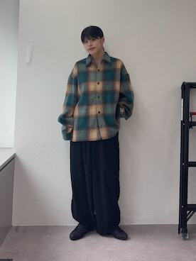 「DISCUS（ディスカス）の【DISCUS】別注シャギーチェックオーバーシャツジャケット（シャツ/ブラウス、グリーン系）」を使った、たけさきさん（レディース・160cm）の秋コーディネート