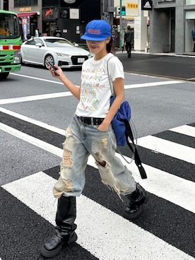 「CIAOPANIC TYPY（チャオパニックティピー）の【WEB限定】手書きメッセージロゴTEE（Tシャツ/カットソー、ホワイト系）」を使った、たけさきさん（レディース・160cm）の春コーディネート