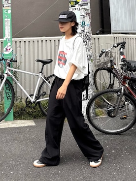 「CIAOPANIC TYPY（チャオパニックティピー）の【UNISEX】【プラスサイズあり】犬＆猫 アソートロゴプリントTee（Tシャツ/カットソー、ホワイト系）」を使った、たけさきさん（レディース・160cm）の春コーディネート