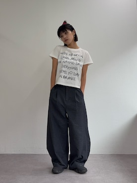 「CIAOPANIC TYPY（チャオパニックティピー）の【UNISEX】チェックカーブスラックス（その他パンツ、ブラック系）」を使った、たけさきさん（レディース・160cm）の夏コーディネート
