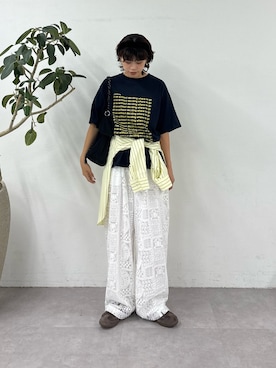 「CIAOPANIC TYPY（チャオパニックティピー）の【UNISEX】【新色追加】メッセージプリント半袖Tee（Tシャツ/カットソー、ブルー系）」を使った、たけさきさん（レディース・160cm）の春コーディネート