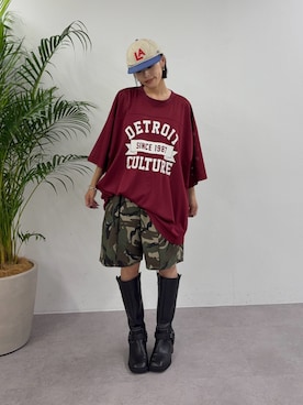 「CIAOPANIC TYPY（チャオパニックティピー）の【UNISEX】オーバーサイズメッシュロゴTEE（Tシャツ/カットソー、レッド系）」を使った、たけさきさん（レディース・160cm）の夏コーディネート