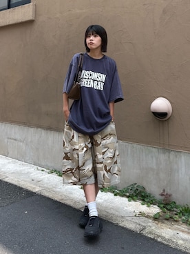 「CIAOPANIC TYPY（チャオパニックティピー）の【UNISEX】アシッドウォッシュ加工ロゴTEE（Tシャツ/カットソー、ブルー系）」を使った、たけさきさん（レディース・160cm）の夏コーディネート