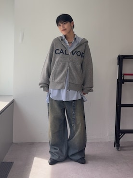 「CIAOPANIC TYPY（チャオパニックティピー）の【UNISEX】ネップヤーンダブルジャガードニットジップパーカー/WEB限定カラーあり（パーカー、グレー系）」を使った、たけさきさん（レディース・160cm）の秋コーディネート