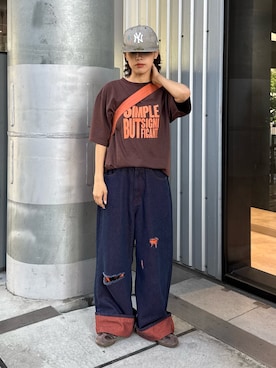 「CIAOPANIC TYPY（チャオパニックティピー）の【UNISEX】【プラスサイズあり】スラブ天竺ピグメントロゴTEE（Tシャツ/カットソー、ブラウン系）」を使った、たけさきさん（レディース・160cm）の春コーディネート