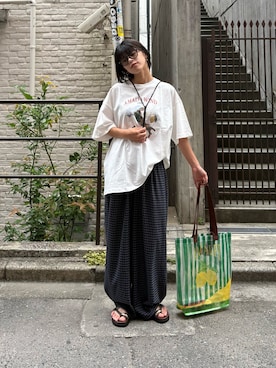 「CIAOPANIC TYPY（チャオパニックティピー）の【UNISEX】アマルフィーアソートプリントTEE（Tシャツ/カットソー、ホワイト系）」を使った、たけさきさん（レディース・160cm）の夏コーディネート