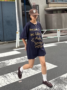 「CIAOPANIC TYPY（チャオパニックティピー）の【UNISEX】アソート落書きBIGロゴTEE（Tシャツ/カットソー、ブルー系）」を使った、たけさきさん（レディース・160cm）の夏コーディネート