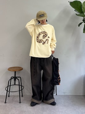 「CIAOPANIC TYPY（チャオパニックティピー）の【UNISEX】ニュアンス柄プリント2WAYワッフルロンTEE（Tシャツ/カットソー、ホワイト系）」を使った、たけさきさん（レディース・160cm）の夏コーディネート