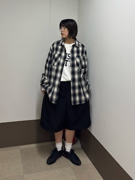 「CIAOPANIC TYPY（チャオパニックティピー）のミリオンドライチェックネルシャツ（シャツ/ブラウス、ブラック系）」を使った、たけさきさん（レディース・160cm）の夏コーディネート