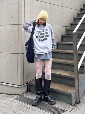 「CIAOPANIC TYPY（チャオパニックティピー）の【UNISEX】アソート柄アップリケTEE（Tシャツ/カットソー、グレー系）」を使った、たけさきさん（レディース・160cm）の春コーディネート