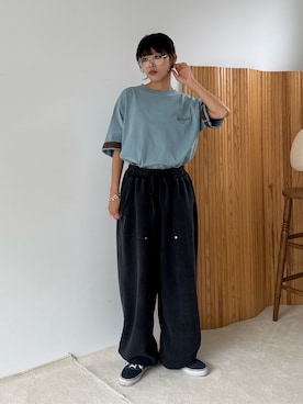 「CIAOPANIC TYPY（チャオパニックティピー）の【UNISEX】ピグメント加工ワッフルイージーパンツ（その他パンツ、ブラック系）」を使った、たけさきさん（レディース・160cm）の夏コーディネート