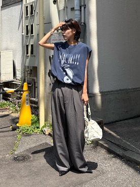 「CIAOPANIC TYPY（チャオパニックティピー）の【UNISEX】ﾀｯｸﾎﾞﾘｭｰﾑﾜｲﾄﾞｽﾗｯｸｽﾊﾟﾝﾂ（スラックス、グレー系）」を使った、たけさきさん（レディース・160cm）の春コーディネート