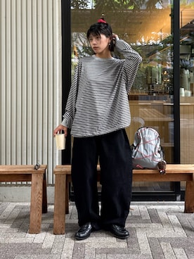 「CIAOPANIC TYPY（チャオパニックティピー）のオーバーサイズマルチボーダーロンTee（Tシャツ/カットソー、グレー系）」を使った、たけさきさん（レディース・160cm）の夏コーディネート