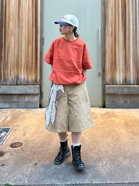 「CIAOPANIC TYPY（チャオパニックティピー）の【WEB限定】ステッチボーダービッグTシャツ（Tシャツ/カットソー、オレンジ系）」を使った、たけさきさん（レディース・160cm）の春コーディネート
