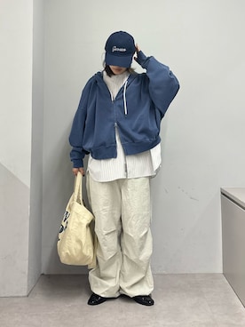 「GEVACO（ゲバコ）のアイテム（キャップ）」を使った、たけさきさん（レディース・160cm）の春コーディネート