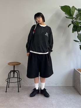 「CIAOPANIC TYPY（チャオパニックティピー）のパウダー加工ヘンリーロンTEE（Tシャツ/カットソー、ブラック系）」を使った、たけさきさん（レディース・160cm）の夏コーディネート