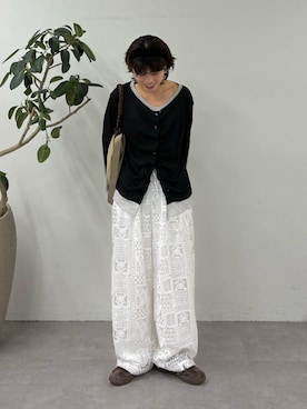 「CIAOPANIC TYPY（チャオパニックティピー）のフロントタックレイヤードライクメランジリブカーデ（Tシャツ/カットソー、ブラック系）」を使った、たけさきさん（レディース・160cm）の春コーディネート