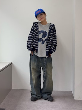 「CIAOPANIC TYPY（チャオパニックティピー）の【ユニセックス】アソート柄ナイロンロゴキャップ（キャップ、ブルー系）」を使った、たけさきさん（レディース・160cm）の夏コーディネート