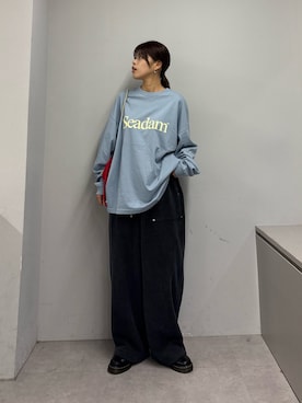 「SEADAM（シーダム）の【WEB限定】SEADAMビッグシルエットロゴロンTEE（Tシャツ/カットソー、ブルー系）」を使った、たけさきさん（レディース・160cm）の春コーディネート
