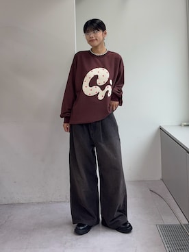 「CIAOPANIC TYPY（チャオパニックティピー）の【UNISEX】ニュアンス柄プリント2WAYワッフルロンTEE（Tシャツ/カットソー、レッド系）」を使った、たけさきさん（レディース・160cm）の秋コーディネート