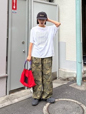 「CIAOPANIC TYPY（チャオパニックティピー）の【UNISEX】メッセージプリント半袖Tee（Tシャツ/カットソー、ホワイト系）」を使った、たけさきさん（レディース・160cm）の夏コーディネート