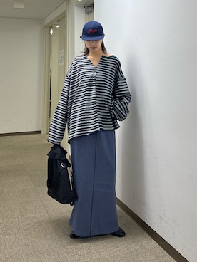 「etsinta（エシンタ）の【etsinta】マルチボーダーリメイクtee（Tシャツ/カットソー、ブルー系）」を使った、たけさきさん（レディース・160cm）の春コーディネート