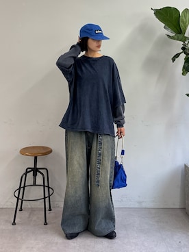 「CIAOPANIC TYPY（チャオパニックティピー）のアシッドウォッシュ加工フェイクレイヤードワッフルロンTEE（Tシャツ/カットソー、ブルー系）」を使った、たけさきさん（レディース・160cm）の夏コーディネート