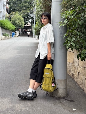 「CIAOPANIC TYPY（チャオパニックティピー）の【UNISEX】アソート柄プリントシャツ（シャツ/ブラウス、ホワイト系）」を使った、たけさきさん（レディース・160cm）の夏コーディネート