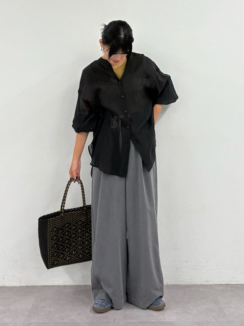【冷房対策/体型カバー】シアーバンドカラーシャツ