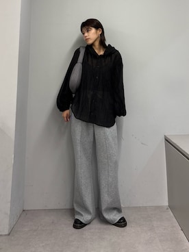 「CIAOPANIC TYPY（チャオパニックティピー）のシアーフーディーブラウス（シャツ/ブラウス、ブラック系）」を使った、たけさきさん（レディース・160cm）の春コーディネート