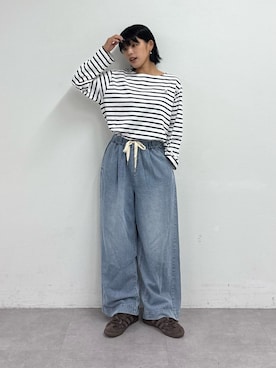 「GEVACO（ゲバコ）のアイテム（Tシャツ/カットソー）」を使った、たけさきさん（レディース・159cm）の夏コーディネート