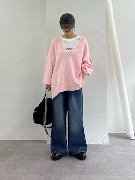 「CIAOPANIC TYPY（チャオパニックティピー）の∴スムースフロッキーロゴTee（Tシャツ/カットソー、ホワイト系）」を使った、たけさきさん（レディース・160cm）の秋コーディネート