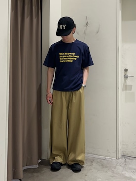 「CIAOPANIC TYPY（チャオパニックティピー）の【UNISEX】【プラスサイズあり】ポコポコメッセージロゴTEE（Tシャツ/カットソー、ブルー系）」を使った、しおんさん（メンズ・170cm）の夏コーディネート
