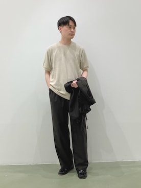 「NANO universe（ナノユニバース）の「モダンコンフォート」ヘリンボン クルーネックTシャツ 半袖（Tシャツ/カットソー、ベージュ系）」を使った、Hiroki.yさん（メンズ・164cm）の夏コーディネート