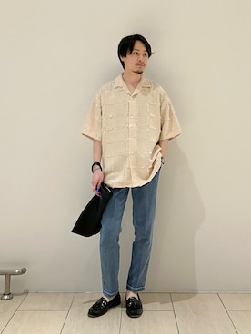 「NANO universe（ナノユニバース）のカットジャガードフリンジシャツ（シャツ/ブラウス、ベージュ系）」を使った、Hiroki.yさん（メンズ・164cm）の春コーディネート