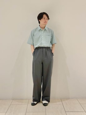 「NANO universe（ナノユニバース）のポリエステル/麻混 半袖レギュラーカラーシャツ（シャツ/ブラウス、グリーン系）」を使った、Hiroki.yさん（メンズ・164cm）の春コーディネート