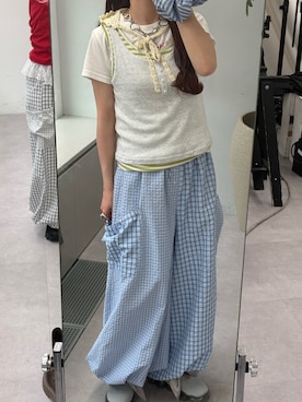 「CIAOPANIC（チャオパニック）のアソート柄コンパクトカラーTee（Tシャツ/カットソー、ホワイト系）」を使った、丸尾佳奈さん（レディース・158cm）の夏コーディネート