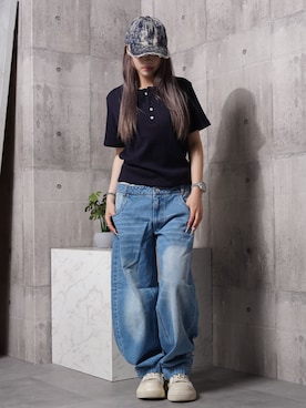 「1111clothing（ワンフォークロージング）のケミカル加工 ダメージ カーブキャップ / Chemical processing Damage Curve cap（キャップ、ブルー系）」を使った、BIG CITY MARKETさん（レディース・153cm）の夏コーディネート