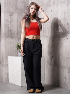 「Laufer（ロイファー）の【Laufer】ダブルポケット ワイドストレート デニムパンツ / Double-Pocket Wide-Leg Straight-Leg Pants（デニムパンツ、ブルー系）」を使った、BIG CITY MARKETさん（レディース・153cm）の夏コーディネート