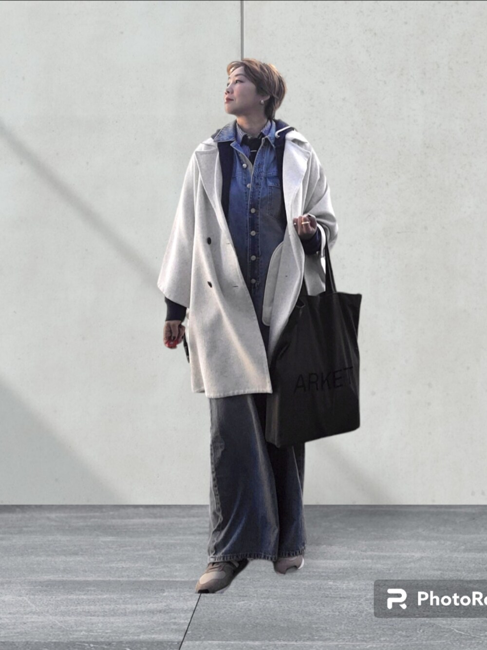 「寒の戻り、アラフィフ」｜「MAISON SPECIALのReversibule Sewing Poncho/リバーポンチョ【MAISON SPECIAL/メゾンスペシャル】（ポンチョ、ホワイト系）」を使った、yukikiさん（レディース・170cm）の春コーディネートの1枚目の写真