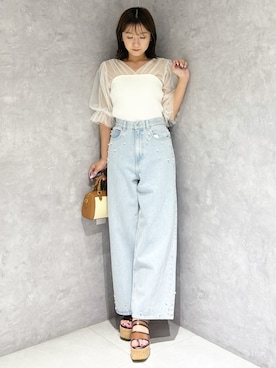 「MERCURYDUO（マーキュリーデュオ）のパールデニムパンツ（デニムパンツ、ブルー系）」を使った、kaho さん（レディース・151cm）の春コーディネート