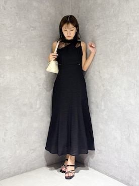 「MERCURYDUO（マーキュリーデュオ）のレースブロッキングカットワンピース（ワンピース、ブラック系）」を使った、kaho さん（レディース・151cm）の夏コーディネート