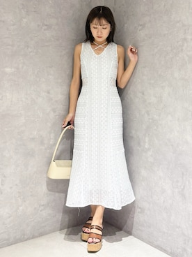「MERCURYDUO（マーキュリーデュオ）のカットレースブロッキングマーメイドワンピース（ワンピース、ブルー系）」を使った、kaho さん（レディース・151cm）の春コーディネート
